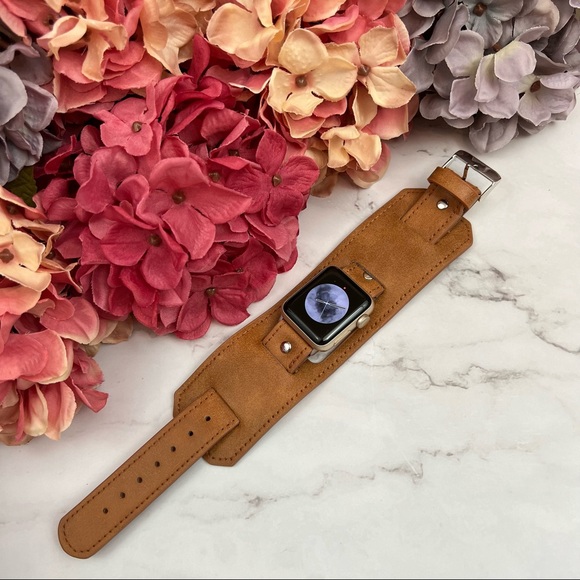 Caramel Brown Double Cuff Leather Watchband for Apple iWatch - Picture 4 of 15